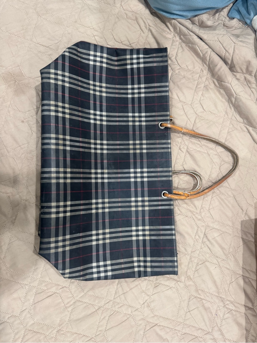 Burberry Navy Plaid Tote with Tan Leather Handles